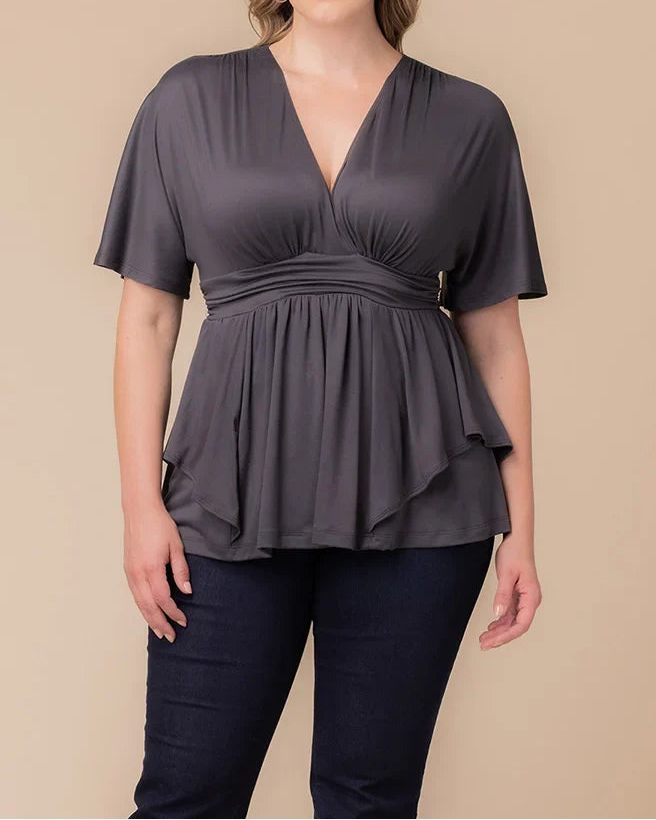 V-Neck Waist-Defined Asymmetric Peplum Top｜Soft Draping Silhouette｜Flattering & Elegant Short-Sleeve Style