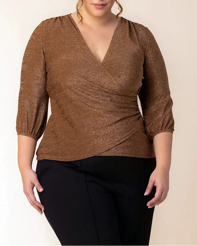 Shimmer V-Neck Wrap-Style Top｜Figure-Flattering Ruching｜Elegant Three-Quarter Sleeve Design
