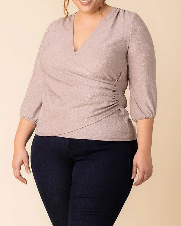 Shimmer V-Neck Wrap-Style Top｜Figure-Flattering Ruching｜Elegant Three-Quarter Sleeve Design