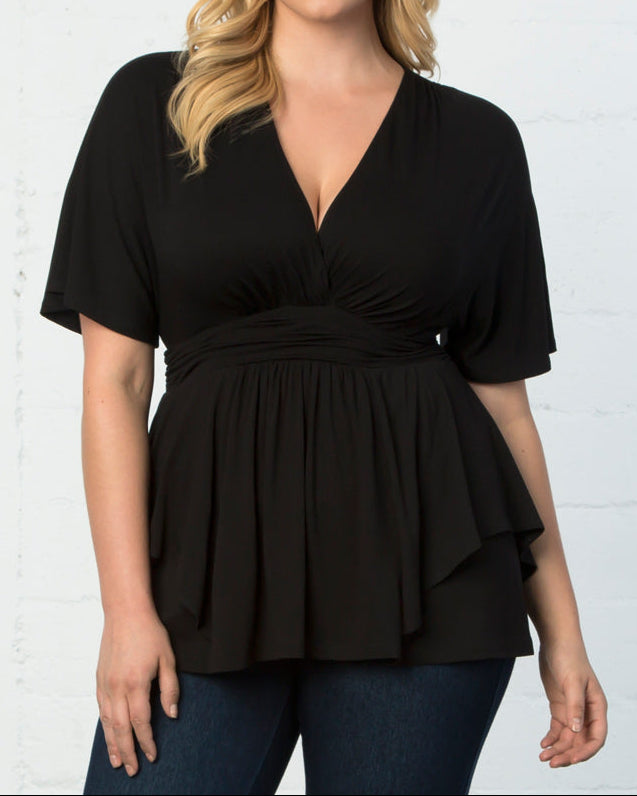 V-Neck Waist-Defined Asymmetric Peplum Top｜Soft Draping Silhouette｜Flattering & Elegant Short-Sleeve Style