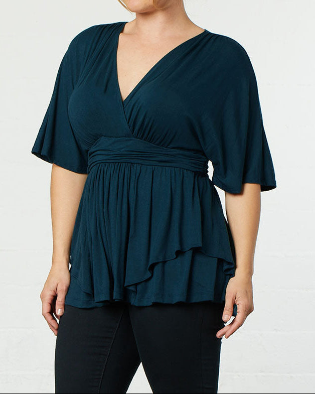 V-Neck Waist-Defined Asymmetric Peplum Top｜Soft Draping Silhouette｜Flattering & Elegant Short-Sleeve Style