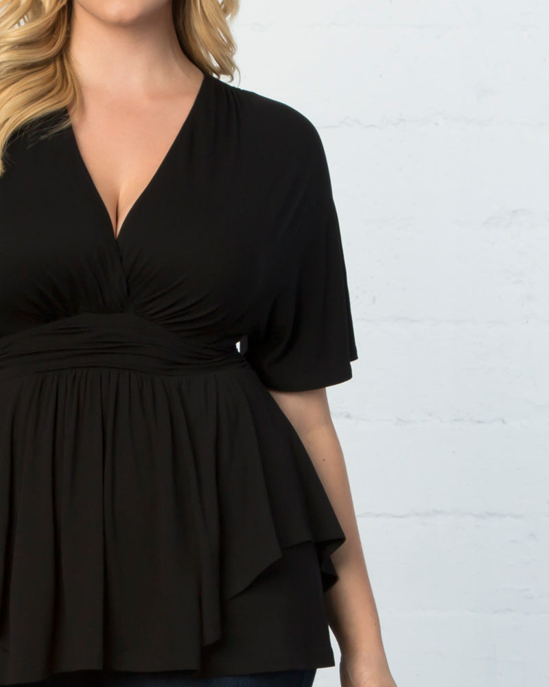 V-Neck Waist-Defined Asymmetric Peplum Top｜Soft Draping Silhouette｜Flattering & Elegant Short-Sleeve Style