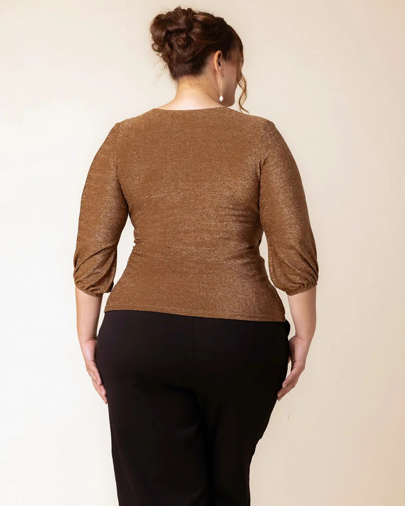 Shimmer V-Neck Wrap-Style Top｜Figure-Flattering Ruching｜Elegant Three-Quarter Sleeve Design
