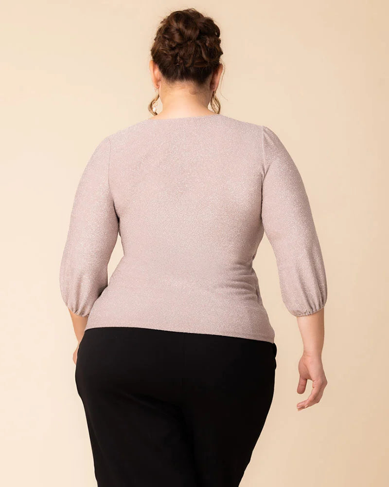 Shimmer V-Neck Wrap-Style Top｜Figure-Flattering Ruching｜Elegant Three-Quarter Sleeve Design