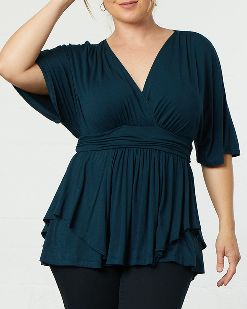 V-Neck Waist-Defined Asymmetric Peplum Top｜Soft Draping Silhouette｜Flattering & Elegant Short-Sleeve Style