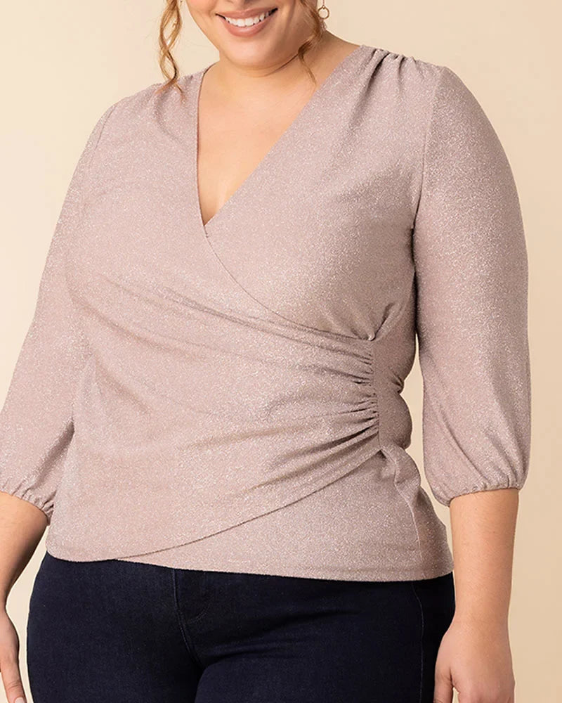 Shimmer V-Neck Wrap-Style Top｜Figure-Flattering Ruching｜Elegant Three-Quarter Sleeve Design